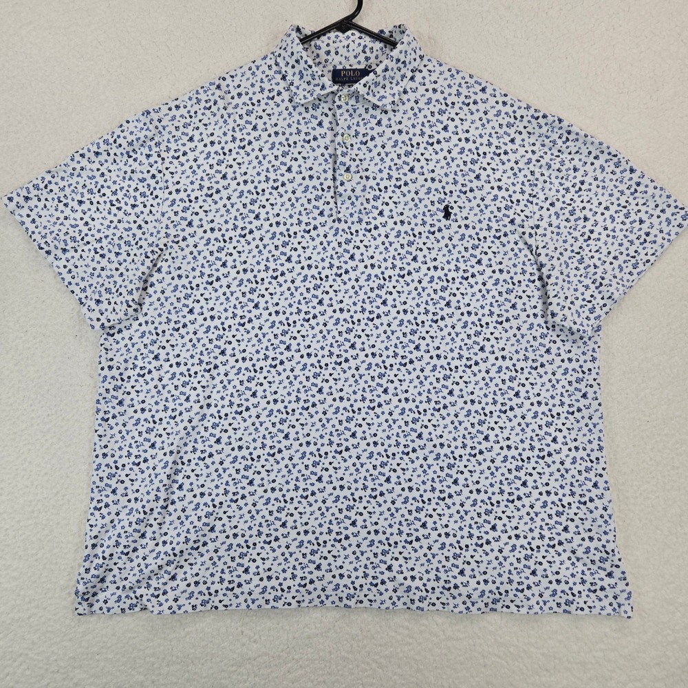 Polo Ralph Lauren Mens Floral Polo Shirt 2XLT Ditsy Print Cotton Blue White